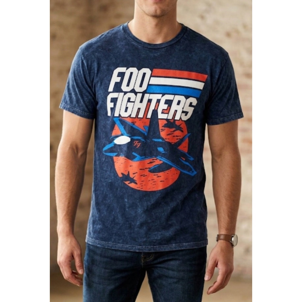 Foo Fighters Mens Blue Mineral Wash Graphic T-Shirt Fighter Jet 94 Size S NWT